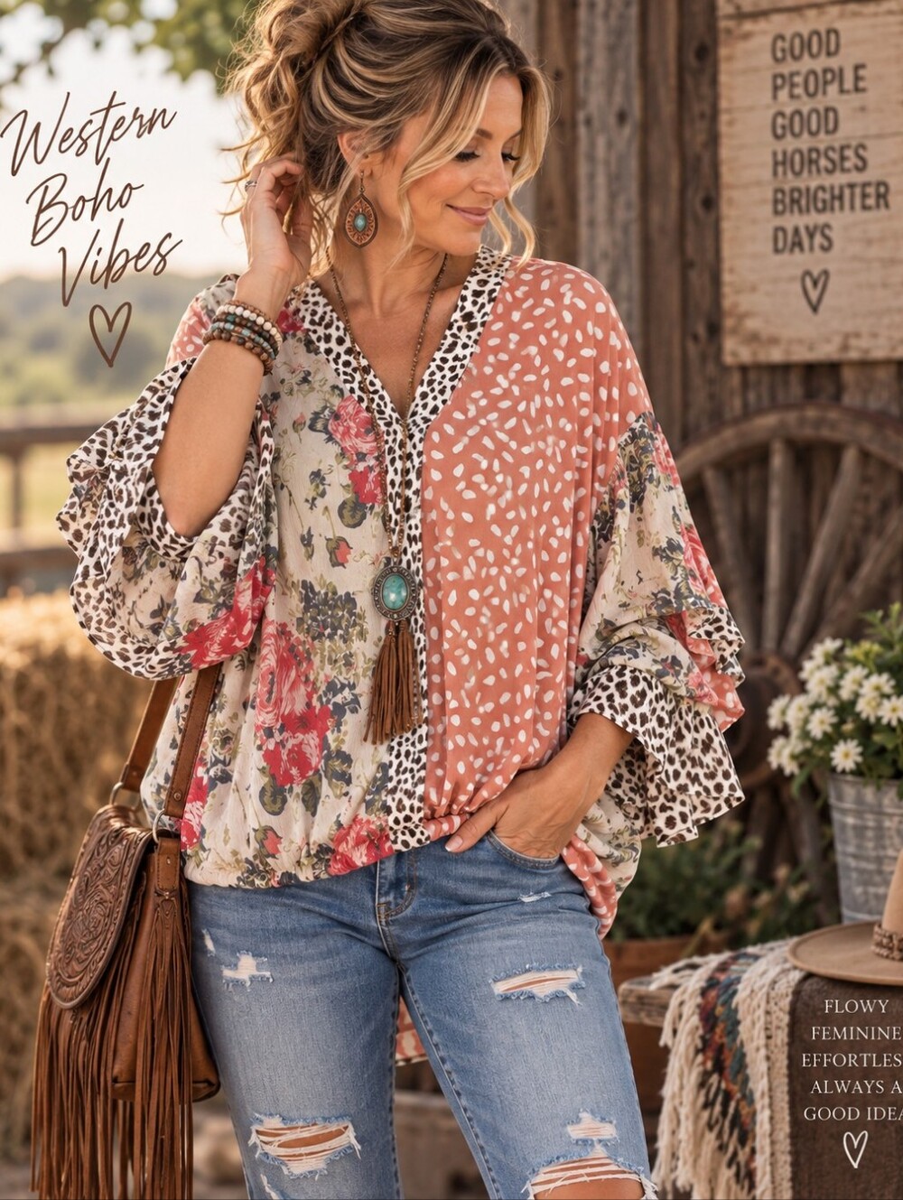 Umgee XL Mixed Print Floral Leopard Boho High Low Blouse